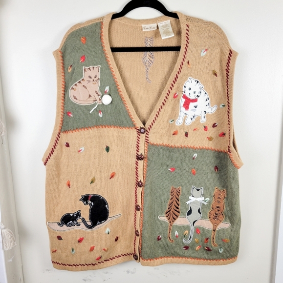 Bobbie Brooks Vintage Cat Print Knit Button Front Sleeveless Sweater Cardigan - Picture 1 of 8